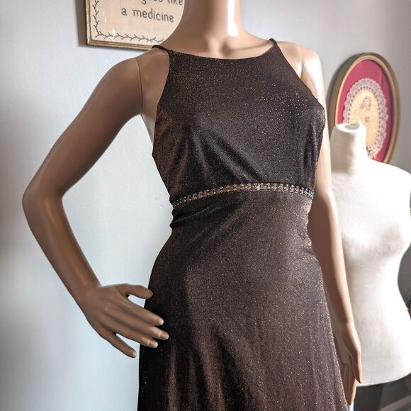 Vintage 90s Cache Metallic Maxi Dress Prom Gown Rhinestone Whimsygoth Size 7 - Picture 7 of 13